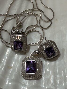 Amethyst and White Bagette Stone Set in Silver Tone Necklace & Earring Set